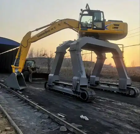 How does the railway-specific design of long-legged excavators enhance operations?